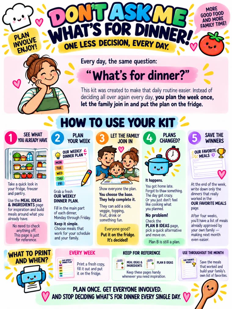 Welcome / How to Use printable page — kit instructions with five steps: see what you have, plan your week, let the family join in, plans changed, and save the winners
