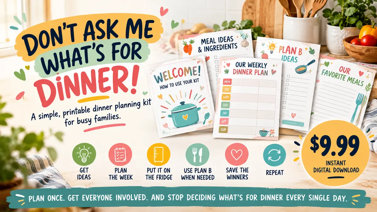 Don't Ask Me What's For Dinner! — printable dinner planning kit cover showing the 5 printable pages