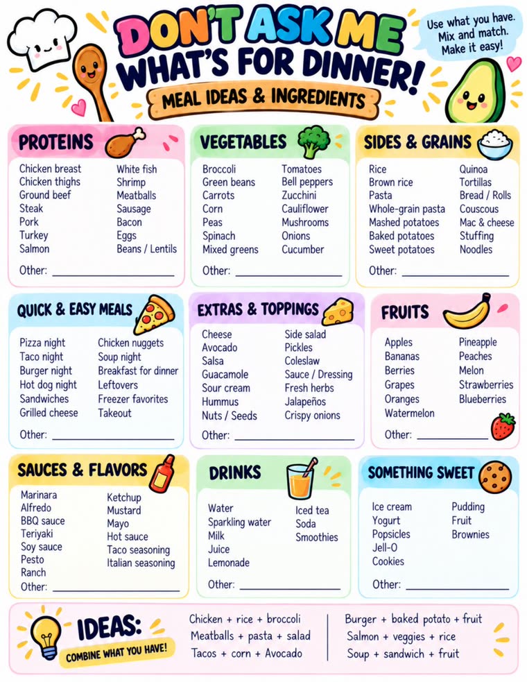 Meal Ideas & Ingredients printable page — checklists of proteins, vegetables, sides and grains, quick meals, extras and toppings, fruits, sauces, drinks and sweets