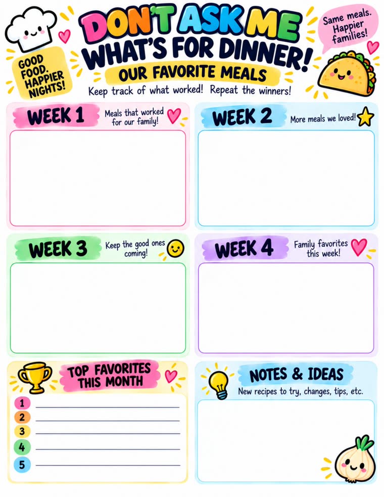 Our Favorite Meals printable page — four weekly boxes to track meals that worked, plus a top favorites list and a notes and ideas box