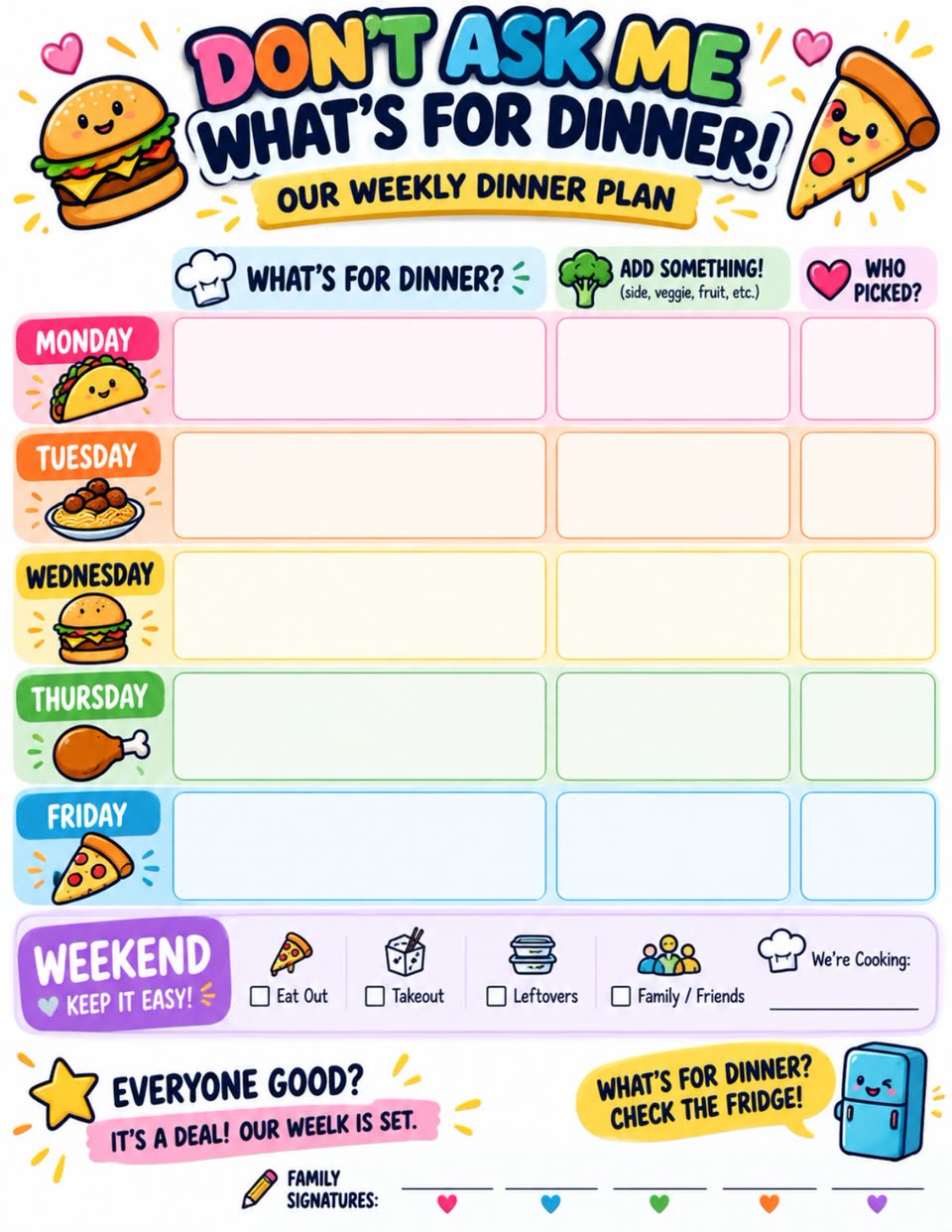 Our Weekly Dinner Plan printable page — a colorful weekly planner with Monday to Friday dinner rows, weekend checkboxes, and family signature lines
