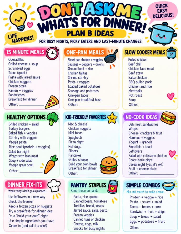 Plan B Ideas printable page — backup dinner lists for busy nights: 15-minute meals, one-pan meals, slow cooker meals, healthy options, kid-friendly favorites and simple combos